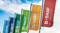 Six colorful BASF flags which bear the slogan "We create chemistry." are fluttering in the wind. The sky is blue.