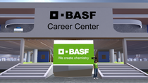 Virtual BASF career center with a modern building and the BASF logo as a digital room for careers.