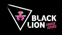 Schwarzer Hintergrund mit dreieckigem Rahmen und stilisiertem Löwen-Symbol in Pink und Violett sowie dem Schriftzug „Black Lion Diverse Esports“.