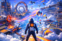 Bunte Sci-Fi-Spielszene über den Wolken mit schwebenden Plattformen und futuristischen Gebäuden; eine Figur steht im Vordergrund, während andere mit Fallschirmen landen und ein leuchtender Ball durch die Luft fliegt.