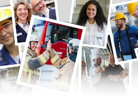 A mix of portraits and work scenes of BASF employees at the Ludwigshafen site. The images depict various professions in laboratories, offices, and production facilities.
