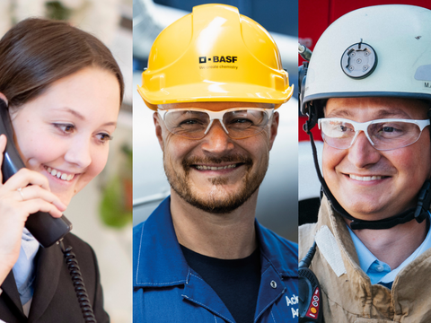 Various BASF employees from gastronomy, hotel services, production, plant fire brigade, and medical department in their work clothes.