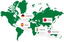 World map showing the locations of BASF's Digital Hubs in Ludwigshafen, Madrid, Hyderabad, Nanjing, and Kuala Lumpur.